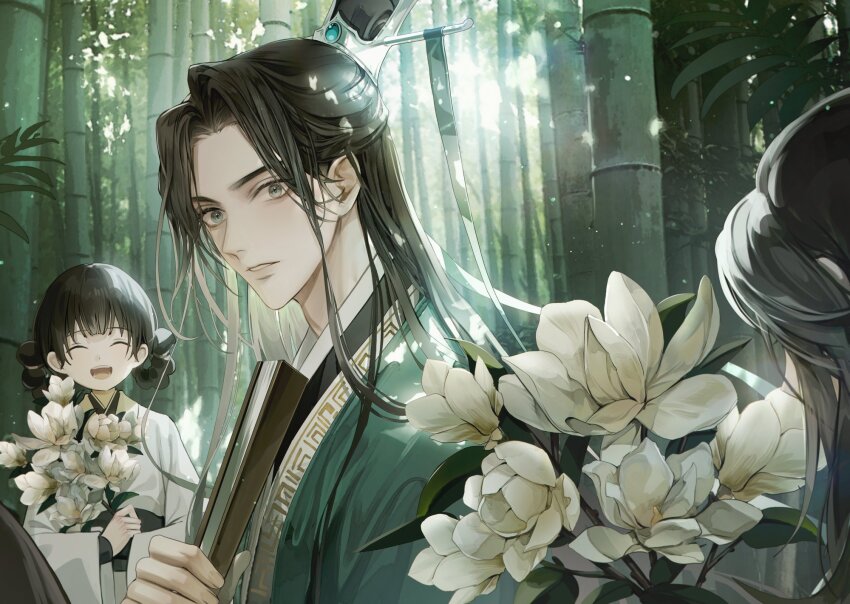 1girl, 3boys, :d, ^_^, bamboo, bamboo_forest, black_hair, bouquet