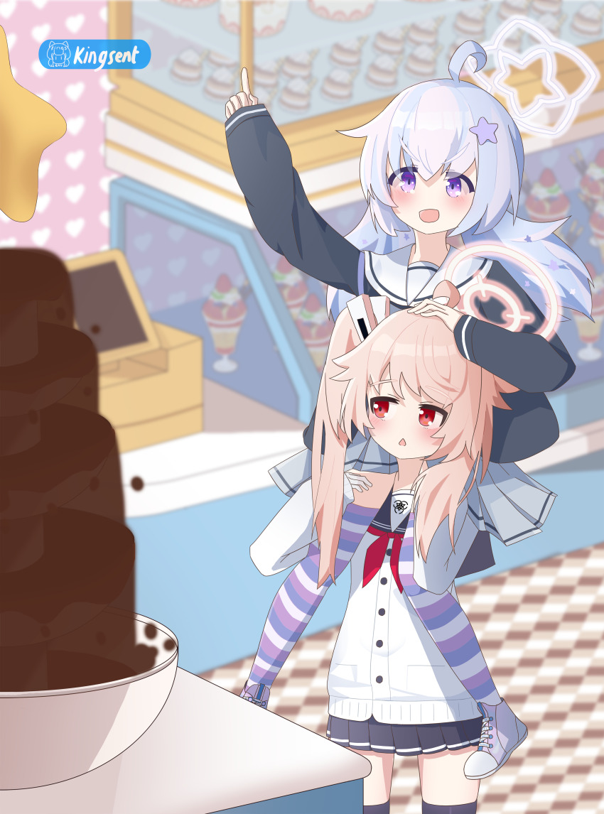 2girls, :d, absurdres, ahoge, artist_name, asymmetrical_bangs, black_skirt, black_thighhighs, blue_archive, blurry, blurry_background, blush, cashier, chestnut, chocolate_fountain, depth_of_field, dessert, food, grey_skirt, hair_flaps, hair_ornament, hairclip, halo, hand_on_another's_head, hand_up, highres, holding_another's_leg, horizontal-striped_thighhighs, index_finger_raised, indoors, kingsent, long_hair, long_sleeves, looking_at_viewer, looking_to_the_side, miniskirt, multicolored_thighhighs, multiple_girls, natsu_(blue_archive), neckerchief, open_mouth, pink_hair, pleated_skirt, purple_eyes, purple_hair, purple_shoes, red_eyes, red_neckerchief, reisa_(blue_archive), sailor_collar, school_uniform, separated_legs, serafuku, shirt, shoes, shop, sidelocks, signature, sitting_on_shoulder, skirt, sleeves_past_wrists, smile, sneakers, standing, striped_clothes, striped_thighhighs, thighhighs, white_shirt, zettai_ryouiki