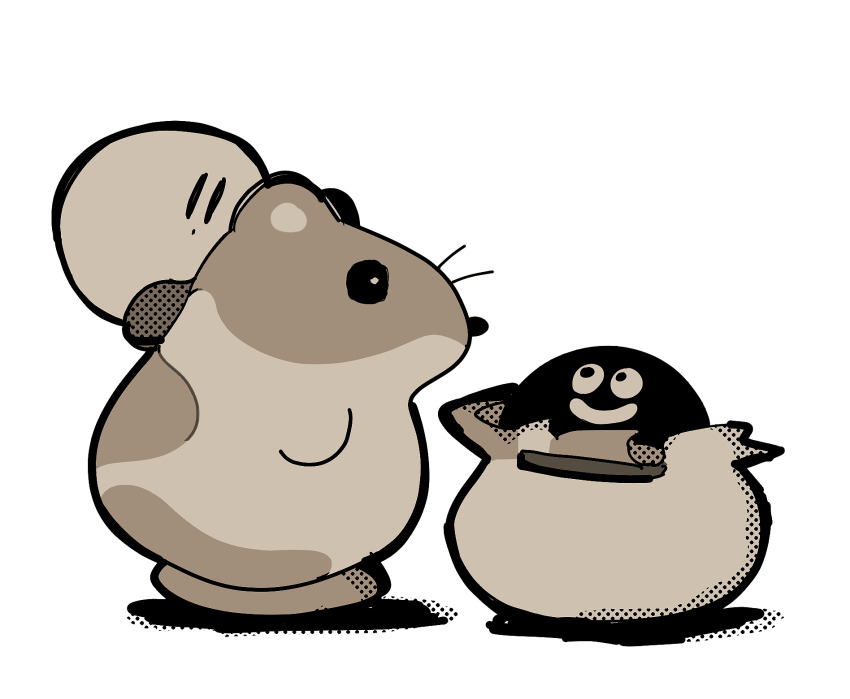 carrying, gooey_(kirby), greyscale, hamster, highres, kirby, kirby's_dream_land_2, kirby_(series), kkk_bg000, looking_at_another, monochrome, nintendo, no_humans, piggyback, rick_(kirby), simple_background, smile, standing, whiskers, white_background