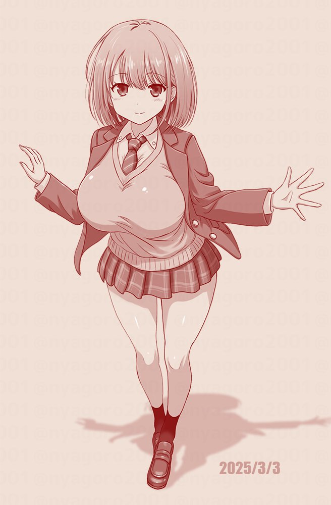 1girl, arm_up, boots, breasts, collared_shirt, diagonal-striped_clothes, diagonal-striped_necktie, full_body, jacket, large_breasts, medium_hair, miniskirt, monochrome, necktie, nyagoro, pleated_skirt, saki_(manga), sepia, shadow, shirt, simple_background, skirt, smile, socks, striped_clothes, striped_skirt, sweater, thighs, unozawa_shiori