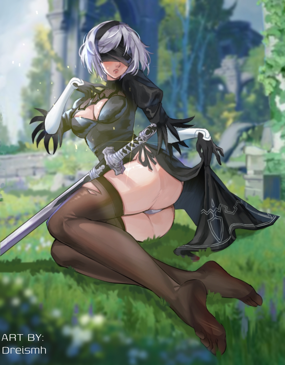 1girl, 2b_(nier:automata), black_dress, black_gloves, black_hairband, blindfold, breasts, brown_thighhighs