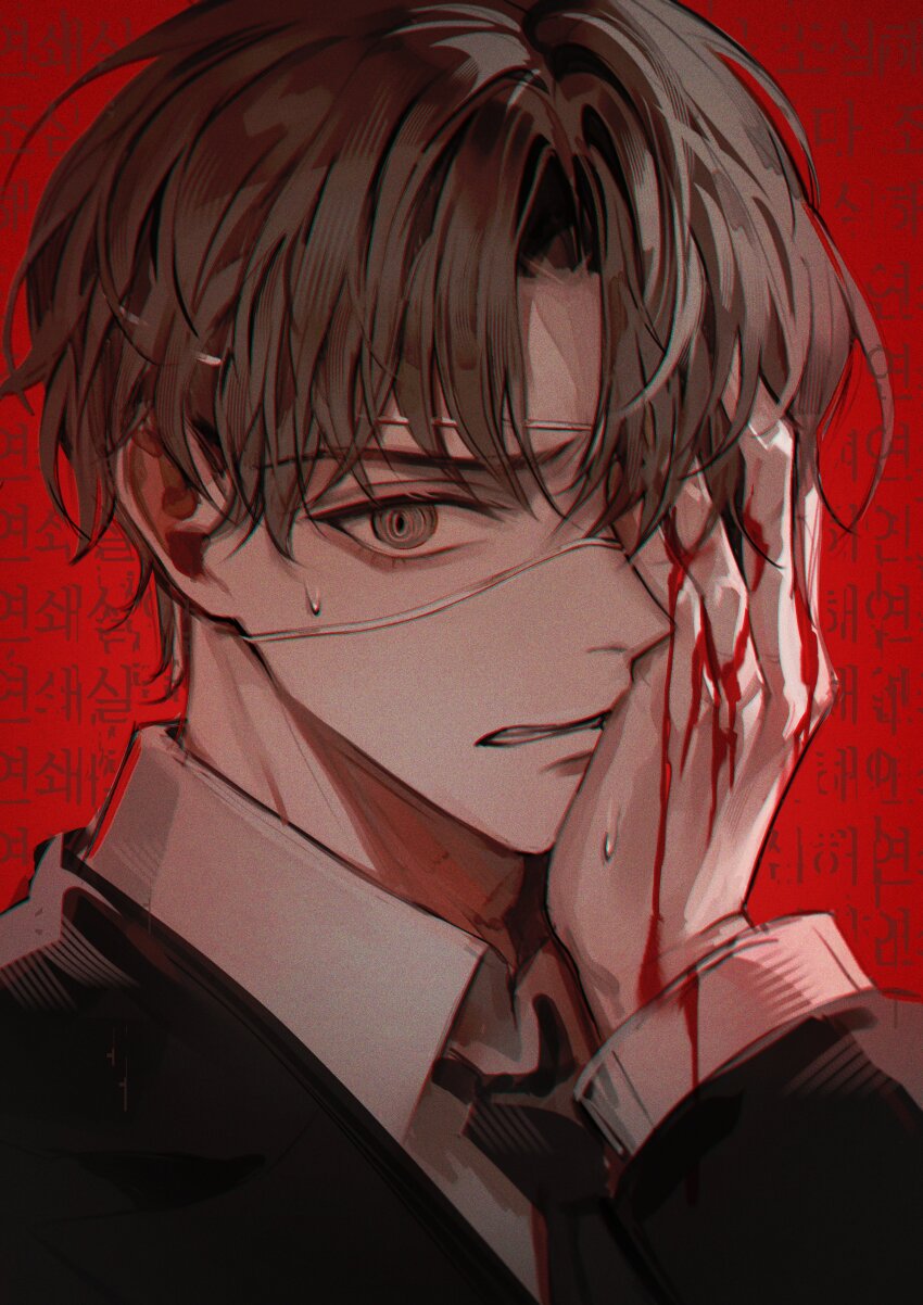 1boy, absurdres, agent_choi, black_jacket, black_necktie, black_suit, bleeding, blood, blood_in_hair, blood_on_clothes, blood_on_face, blood_on_hands, brown_eyes, brown_hair, collared_shirt, eyepatch, formal_clothes, gwechul, hand_on_own_cheek, hand_on_own_face, highres, jacket, korean_commentary, korean_text, long_sleeves, looking_at_viewer, male_focus, medical_eyepatch, necktie, one_eye_covered, parted_bangs, parted_lips, red_background, shirt, short_hair, simple_background, solo, suit, sweat, teeth, upper_body, white_shirt, young57440489