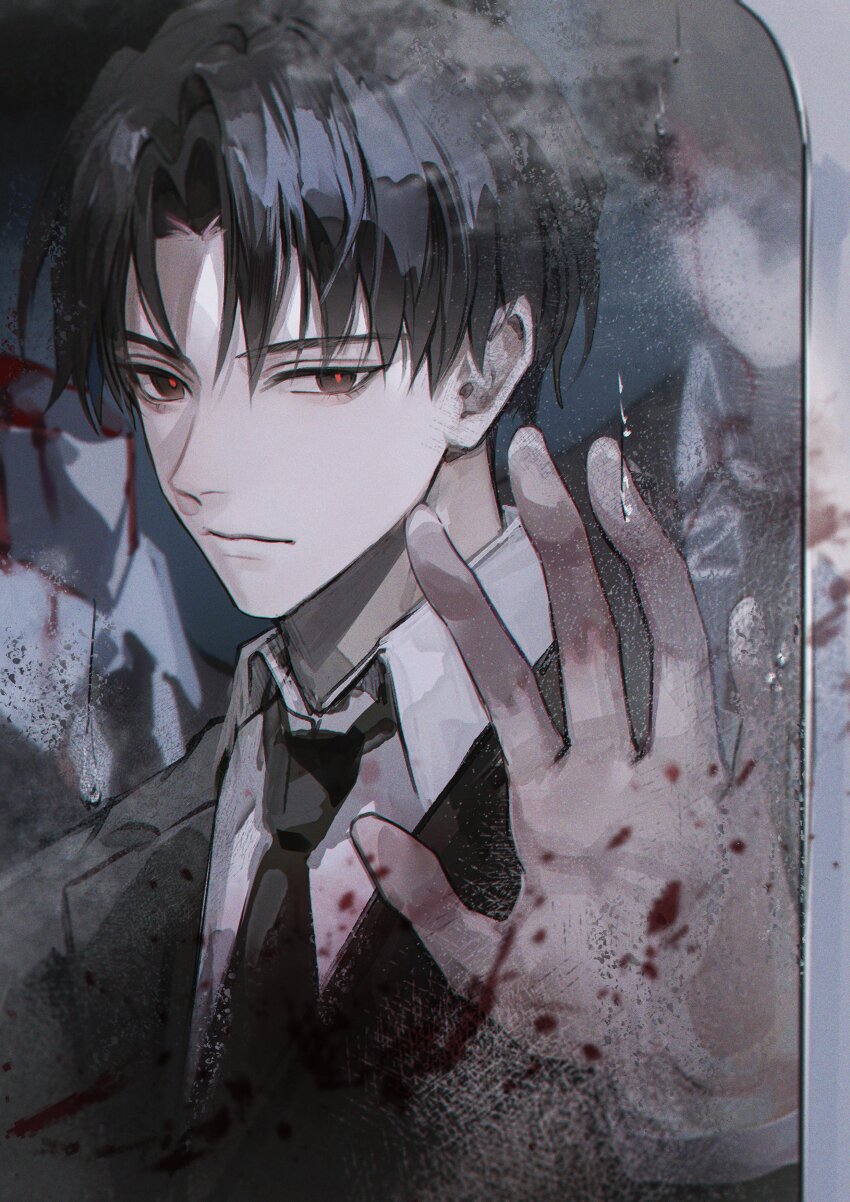 1boy, 2others, absurdres, black_eyes, black_hair, black_jacket, black_necktie, black_suit