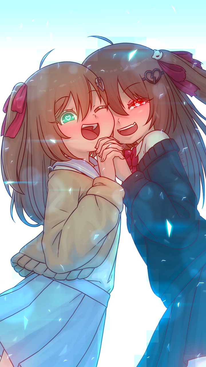 2girls, ahoge, aqua_eyes, black_cardigan, black_skirt, blue_sailor_collar, blue_skirt, bow