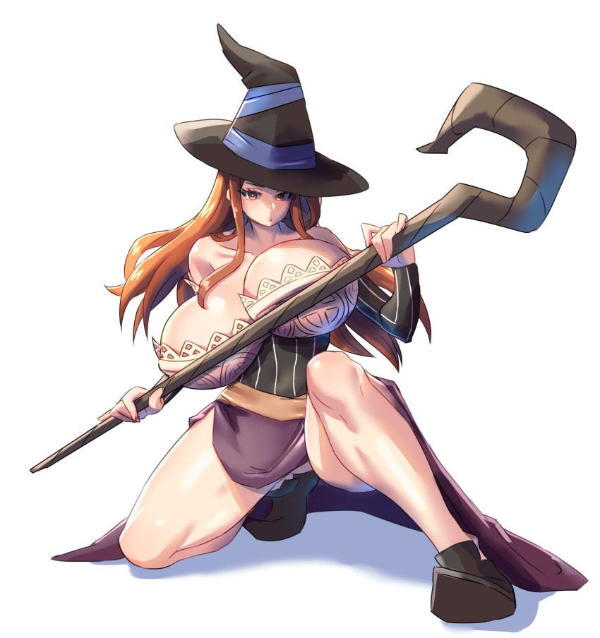 1girl, bare_shoulders, black_hat, black_shoes, breasts, brown_eyes, brown_hair, cleavage