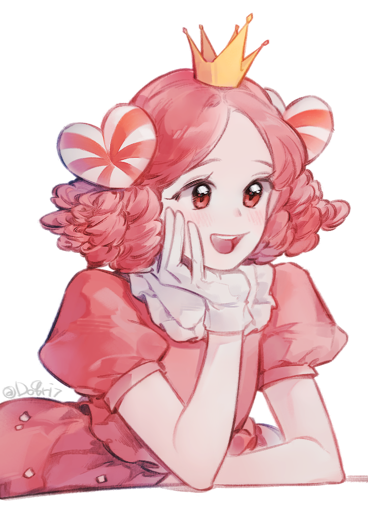 1girl, cookie_run, crown, do8ri7, dress, gloves, hair_ornament, heart, heart_hair_ornament, holding, humanization, open_mouth, pink_dress, pink_eyes, pink_hair, princess, princess_cookie, simple_background, smile, white_gloves