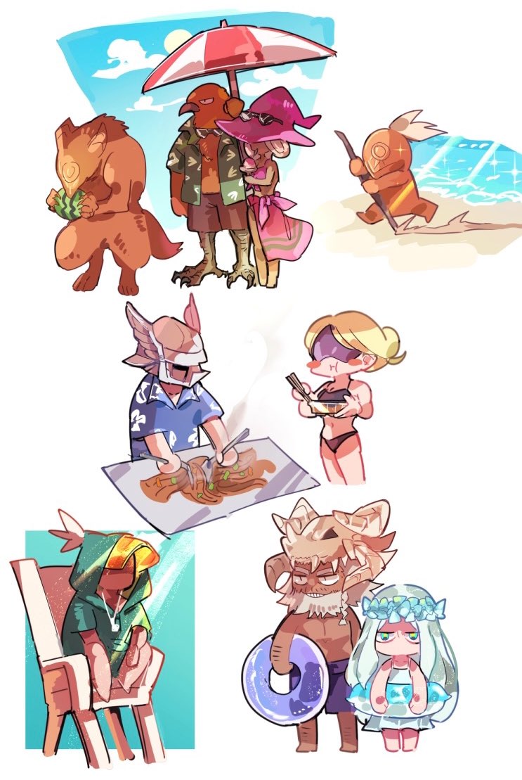 alternate_skin_color, armor, beach, bird_boy, black_skin, brother_and_sister, colored_skin, dark-skinned_female, dark_skin, duchess_(elden_ring), elden_ring, elden_ring_nightreign, guardian_(elden_ring), hat, hat_over_eyes, hat_over_one_eye, helmet, ironeye_(elden_ring), kofuku_(reitouko), large_hat, long_hair, recluse_(elden_ring), revenant_(elden_ring), siblings, simple_background, very_dark_skin, white_hair, winged_helmet, witch_hat, wylder_(elden_ring)