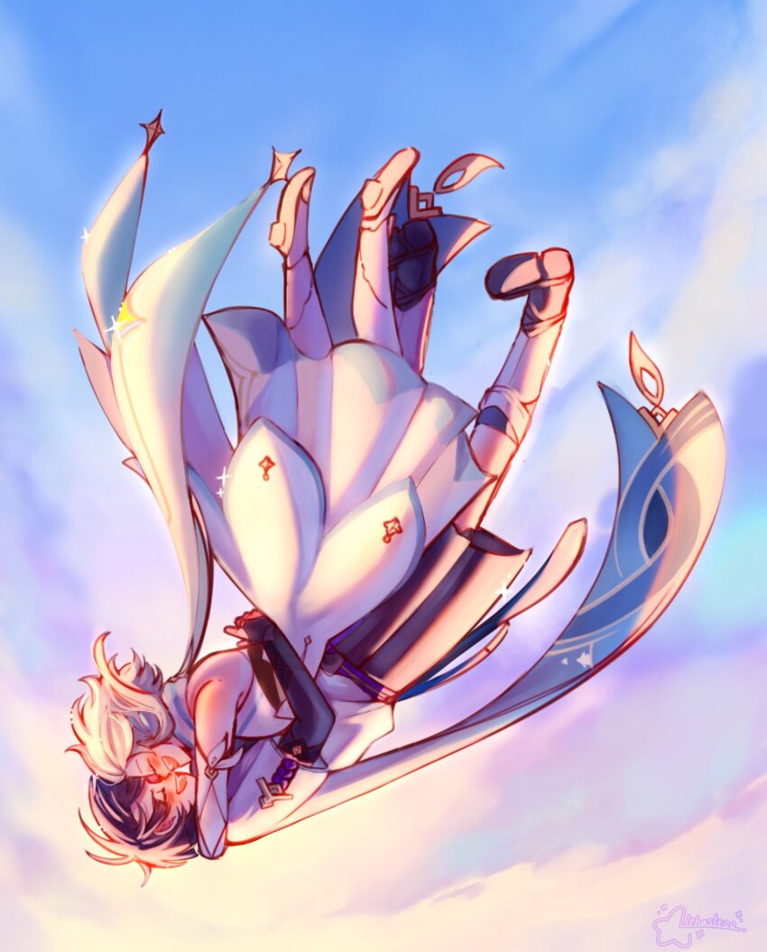 1boy, 1girl, alphastroo, animal_print, arm_around_neck, arm_cutout, armor, artist_name, backlighting, bird_print, black_bow, black_bridal_gauntlets, black_corset, black_hair, black_leggings, black_sandals, black_shorts, blonde_hair, blue_feathers, blue_sky, blue_trim, blush, bow, bridal_gauntlets, closed_eyes, clothing_cutout, cloud, cloudy_sky, corset, detached_sleeves, dress, face-to-face, facing_another, falling, feather_hair_ornament, feathers, full_body, furisode, genshin_impact, gold_ring, gold_shoes, hair_ornament, hakama, hakama_shorts, hand_on_another's_back, happy, hetero, high_heels, highres, hug, japanese_armor, japanese_clothes, kimono, kote, kurokote, leg_warmers, leggings, low_block_heels, lumine_(genshin_impact), middle_ring, open_mouth, pleated_shorts, purple_rope, purple_sash, rope, sandals, sash, scaramouche_(genshin_impact), scarf, shoes, short_hair, short_hair_with_long_locks, short_sleeves, shorts, sidelocks, sky, sparkle, teeth, upper_teeth_only, upside-down, wanderer_(genshin_impact), white_dress, white_kimono, white_leg_warmers, white_scarf, white_sleeves, zouri