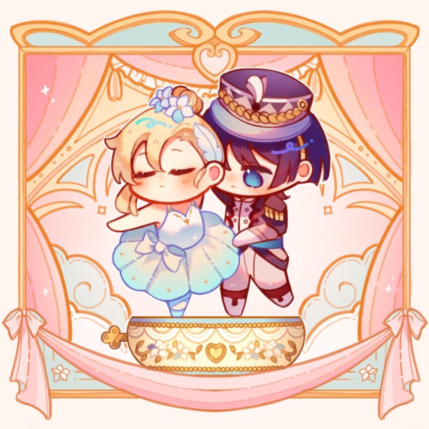 1boy, 1girl, aiguillette, alphastroo, alternate_costume, alternate_hairstyle, arm_up, ballerina