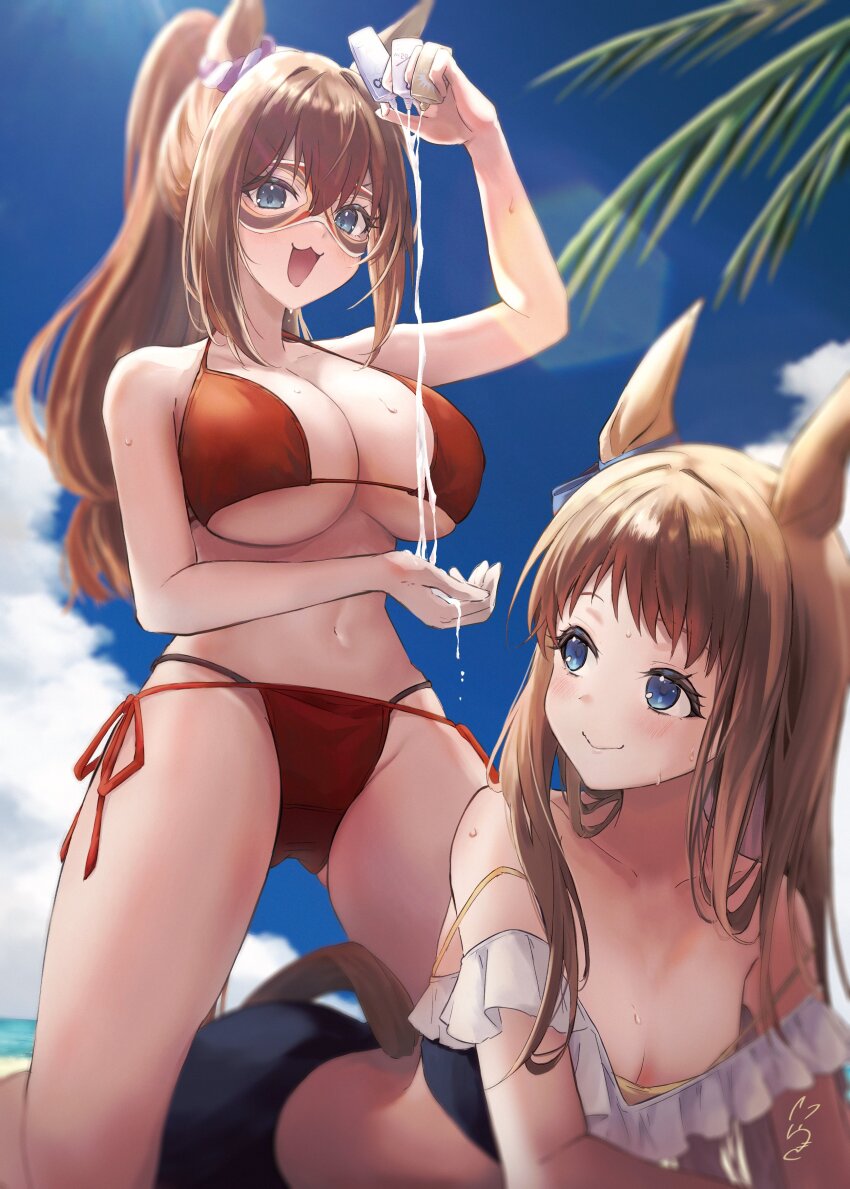 2girls, absurdres, animal_ears, beach, bikini, blue_eyes, breasts, brown_hair