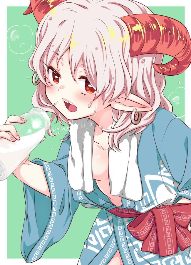 1girl, adapted_costume, blue_kimono, bottle, breasts, commentary_request, earrings, eye_print, grey_hair, holding, holding_bottle, hoop_earrings, horns, japanese_clothes, jewelry, kimi3735, kimono, long_sleeves, meandros, milk_bottle, multi-source_commentary, open_clothes, open_kimono, open_mouth, pointy_ears, red_eyes, red_horns, sharp_teeth, sheep_horns, solo, teeth, touhou, toutetsu_yuuma, twitter_username, wet, wet_hair, wide_sleeves