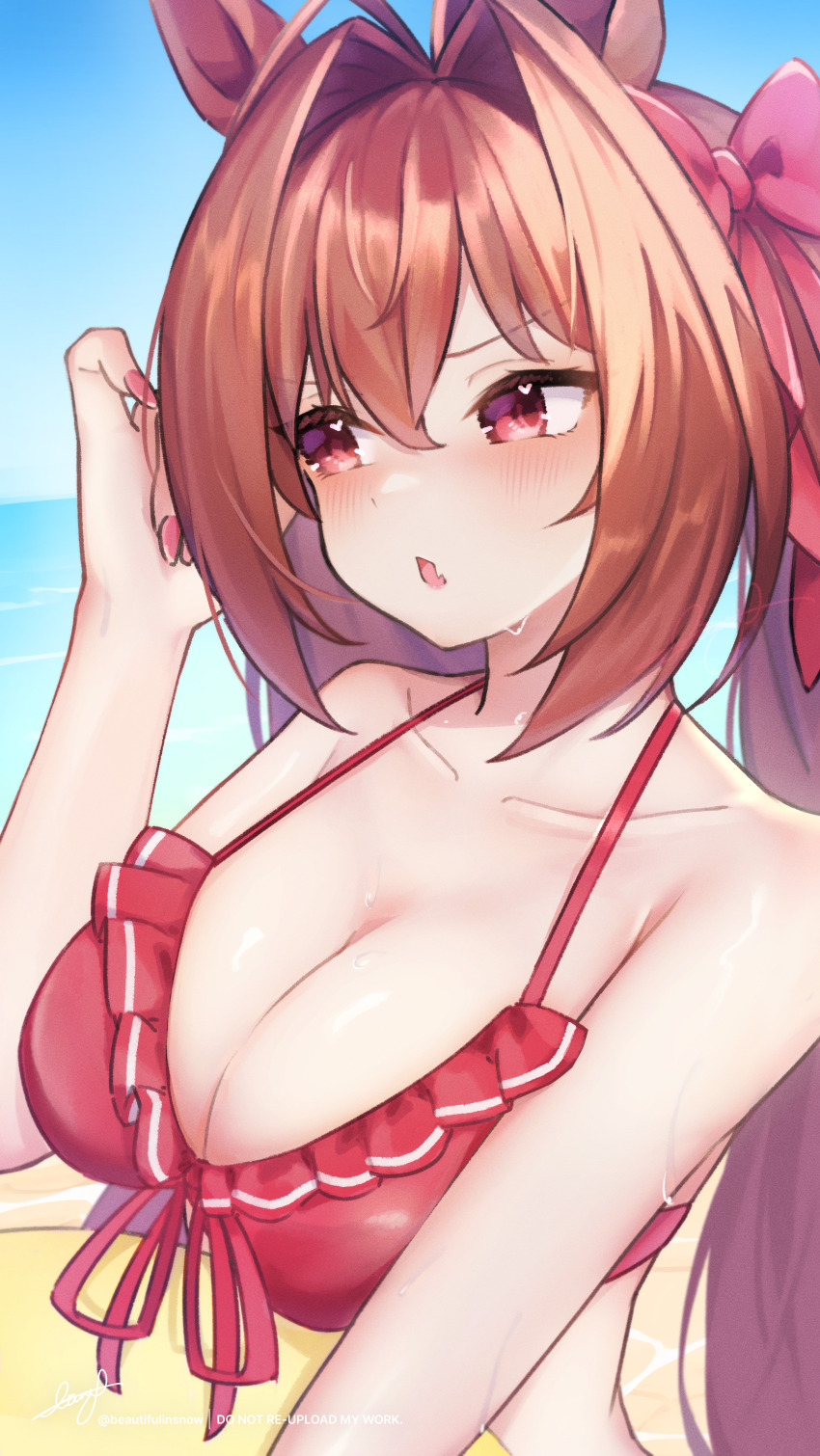 1girl, absurdres, animal_ears, averting_eyes, beach, beautifulinsnow, bikini, blue_sky