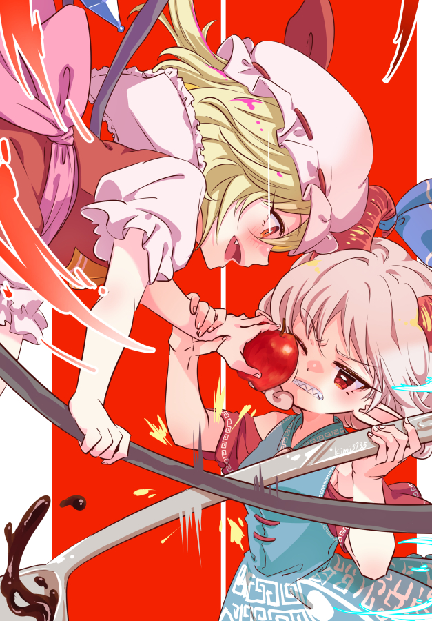 2girls, apple, blonde_hair, blue_dress, blush, commentary_request, crystal, crystal_wings