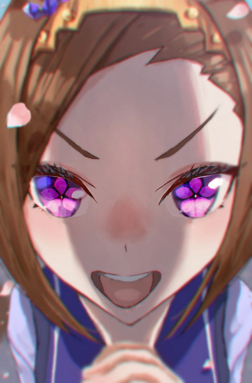 1girl, :d, absurdres, brown_hair, close-up, flower_in_eye, forehead, hands_up