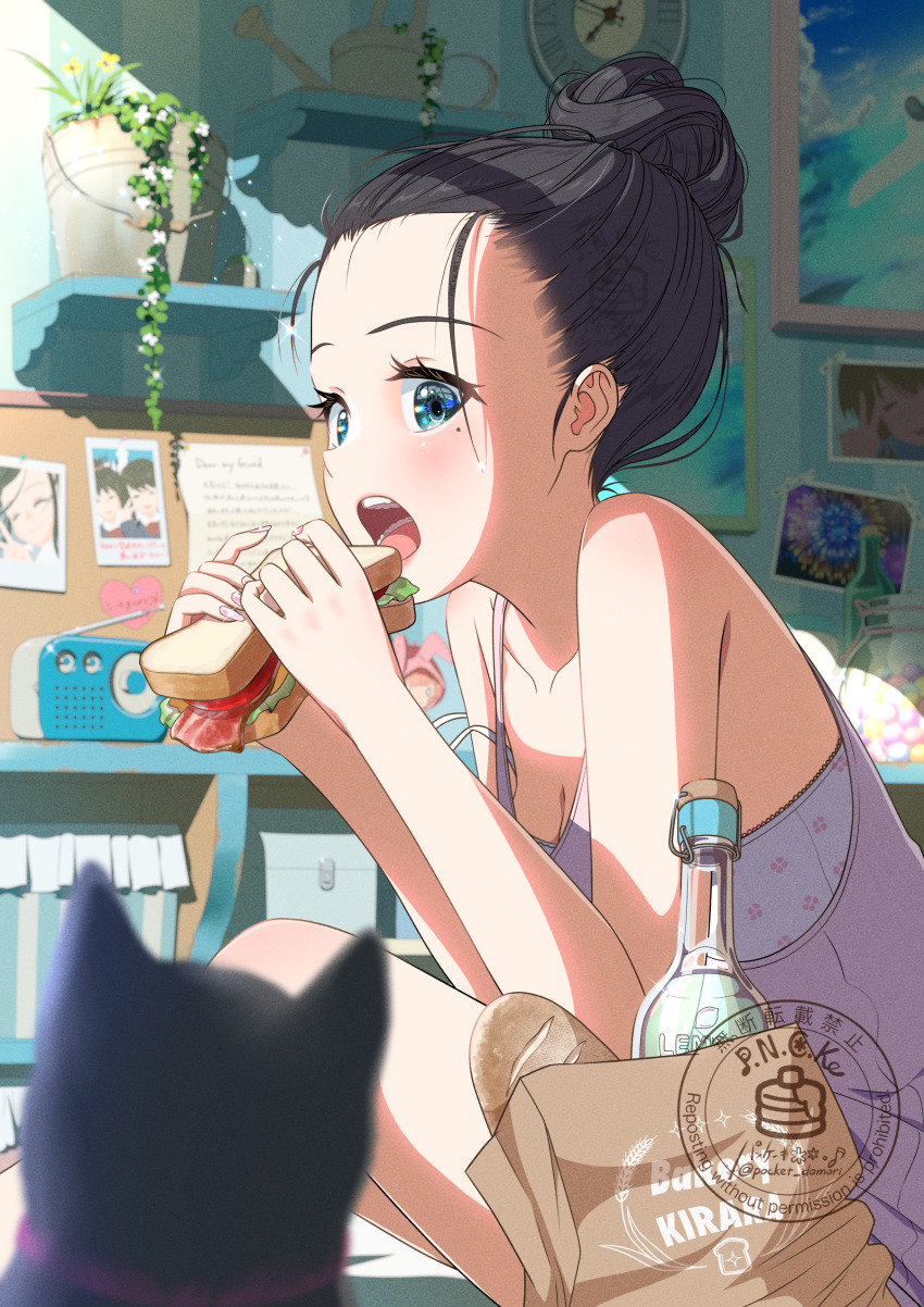 1girl, absurdres, analog_clock, aqua_eyes, artist_logo, bag, baguette, bangs_pinned_back