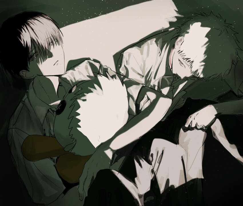 2boys, black_hair, black_pants, closed_mouth, collared_shirt, hashtag-only_commentary, highres, highugkomori2, indou_hikaru, hikaru_ga_shinda_natsu, looking_at_another, male_focus, multiple_boys, pants, red_pupils, school_uniform, shirt, short_hair, short_sleeves, sitting, tears, tsujinaka_yoshiki, white_hair, white_shirt