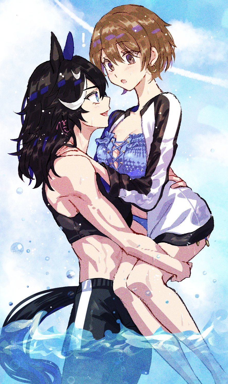 !, 2girls, :d, :o, animal_ears, bare_arms, bare_legs, bare_shoulders, beach, bikini, black_hair, black_shorts, black_sports_bra, black_tail, blue_bikini, blue_eyes, blue_sky, blush, breasts, brown_eyes, brown_hair, carrying, carrying_person, cleavage, commentary, cowboy_shot, cross-laced_bikini, cross-laced_clothes, cross-laced_top, earrings, feet_out_of_frame, female_trainer_(umamusume), hair_down, hand_on_another's_back, hand_on_another's_leg, hand_on_another's_shoulder, highres, hoop_earrings, horse_ears, horse_girl, horse_tail, jacket, jagaimobeniko, jewelry, katsuragi_ace_(umamusume), long_hair, looking_at_another, medium_breasts, multicolored_hair, multiple_girls, open_clothes, open_jacket, open_mouth, outdoors, short_hair, shorts, sky, smile, sports_bra, streaked_hair, swimsuit, tail, toned, toned_female, trainer_(umamusume), umamusume, wading, white_hair, white_jacket, yuri