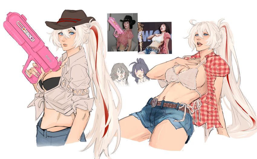 3girls, absurdres, belt, black_bra, blue_eyes, blue_shorts, blush, bra