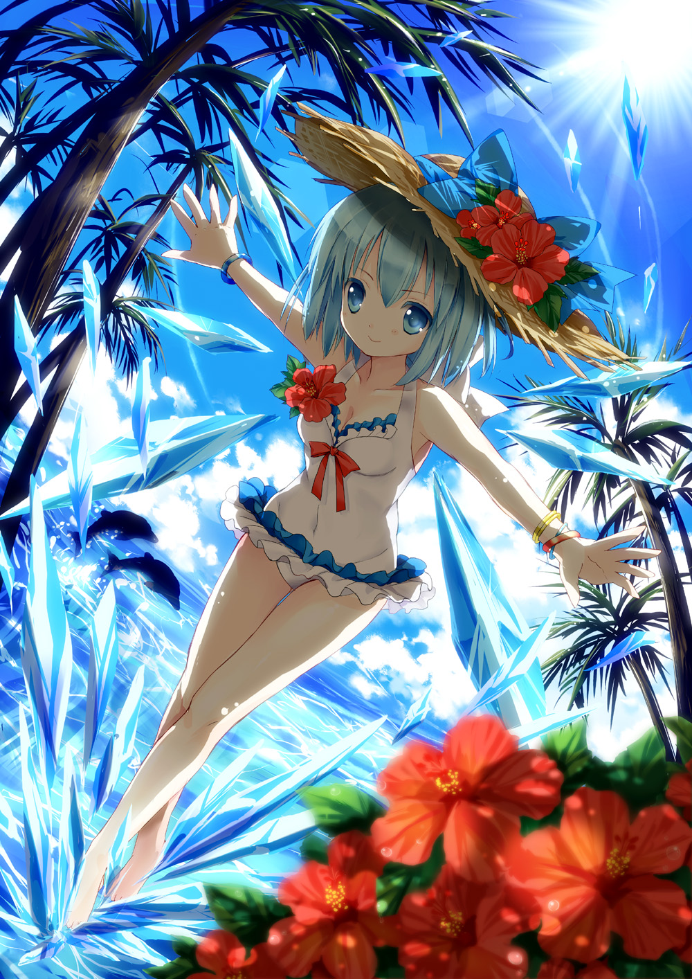 1girl, barefoot, blue_eyes, blue_hair, bracelet, casual_one-piece_swimsuit, cirno, cloud, day, dolphin, female_focus, flower, frilled_swimsuit, frills, hair_flower, hair_ornament, hat, hibiscus, highres, ice, jewelry, matching_hair/eyes, ocean, one-piece_swimsuit, outstretched_arms, palm_tree, sky, solo, spread_arms, straw_hat, swimsuit, touhou, tree, wings, yukim27