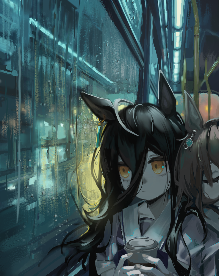 2girls, agnes_tachyon_(umamusume), ahoge, brown_hair, bus_interior, ceiling_light, chemical_structure, closed_eyes, closed_mouth, cup, disposable_cup, dom1, ear_tag, earrings, expressionless, hair_between_eyes, hair_ribbon, hand_grip, head_on_another's_shoulder, holding, holding_cup, jewelry, long_hair, long_hair_between_eyes, looking_outside, manhattan_cafe_(umamusume), medium_hair, multicolored_hair, multiple_girls, ribbon, school_uniform, single_earring, sleeping, sleeping_upright, tracen_school_uniform, umamusume, very_long_hair, water_drop, white_hair, window, yellow_eyes