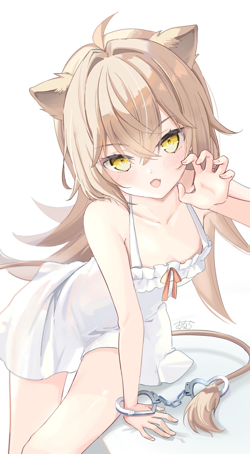 1girl, :d, absurdres, animal_ears, brown_hair, claw_pose, collarbone, cuffs, dress, fang, hair_intakes, handcuffs, heart_handcuffs, highres, indie_virtual_youtuber, lion_ears, lion_girl, lion_tail, long_hair, looking_at_viewer, omo_omochi_zzz, open_mouth, revision, rurudo_lion, rurudo_lion_(1st_costume), see-through_silhouette, signature, skin_fang, sleeveless, sleeveless_dress, smile, solo, sundress, tail, virtual_youtuber, white_dress, yellow_eyes