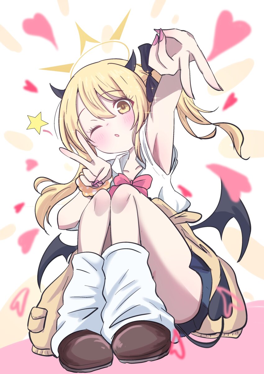1girl, absurdres, armpits, black_bow, black_skirt, blonde_hair, blue_archive, blush