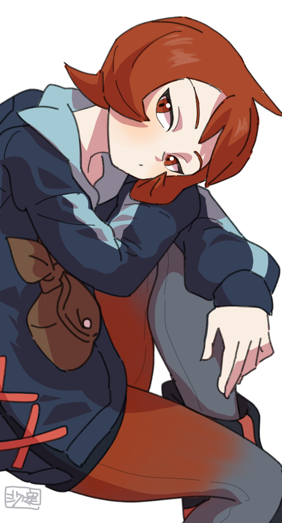 1girl, arezu_(pokemon), bag, black_boots, black_shorts, boots, brown_bag, brown_eyes, brown_hair, closed_mouth, commentary_request, cowlick, diamond_clan_outfit, from_side, highres, hood, hooded_jacket, jacket, leaning, long_sleeves, looking_to_the_side, nintendo, pantyhose, pokemon, pokemon_legends:_arceus, sasami_642, short_hair, shorts, sitting, solo