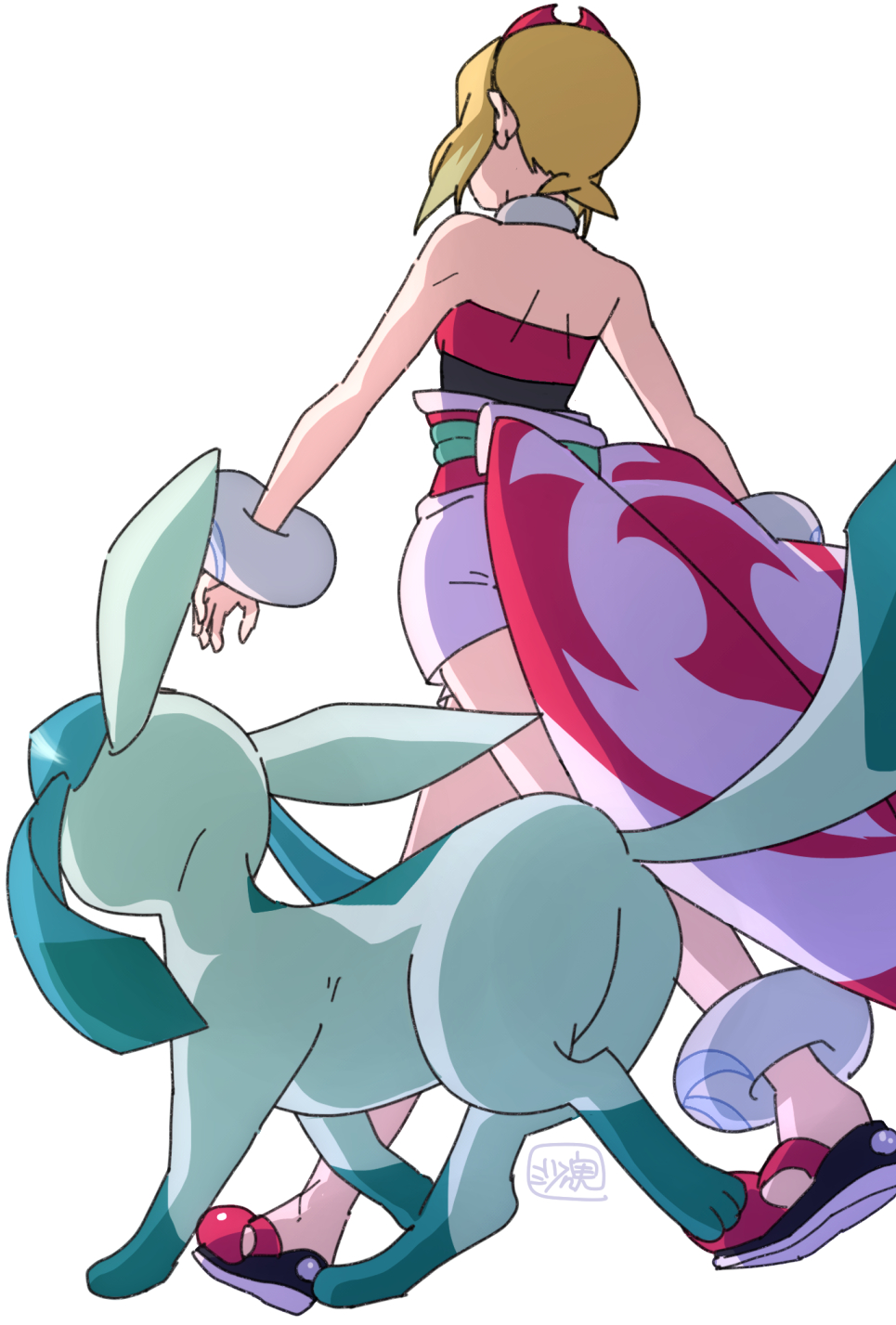 1girl, anklet, blonde_hair, bracelet, commentary_request, from_below, gen_4_pokemon, glaceon