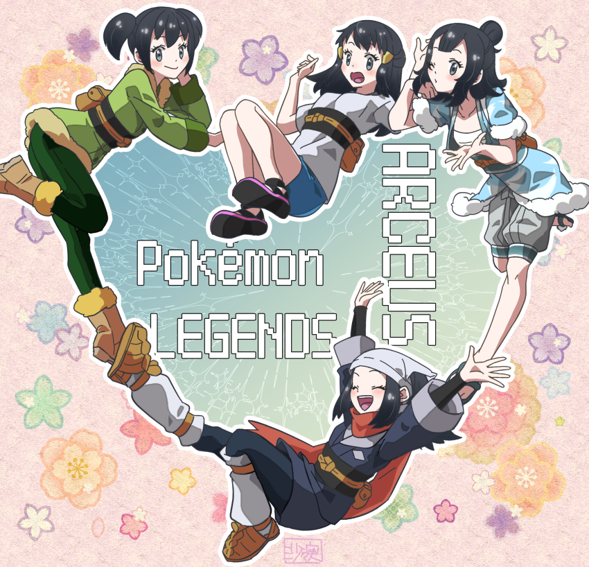 1girl, :d, akari_(pokemon), black_hair, black_shirt, black_shoes, blue_shorts, brown_shoes