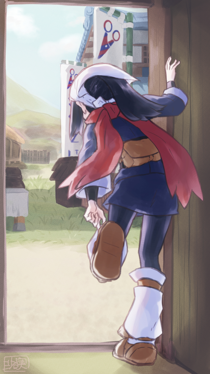 1girl, absurdres, adjusting_clothes, adjusting_shoe, akari_(pokemon), arm_up, banner, black_hair