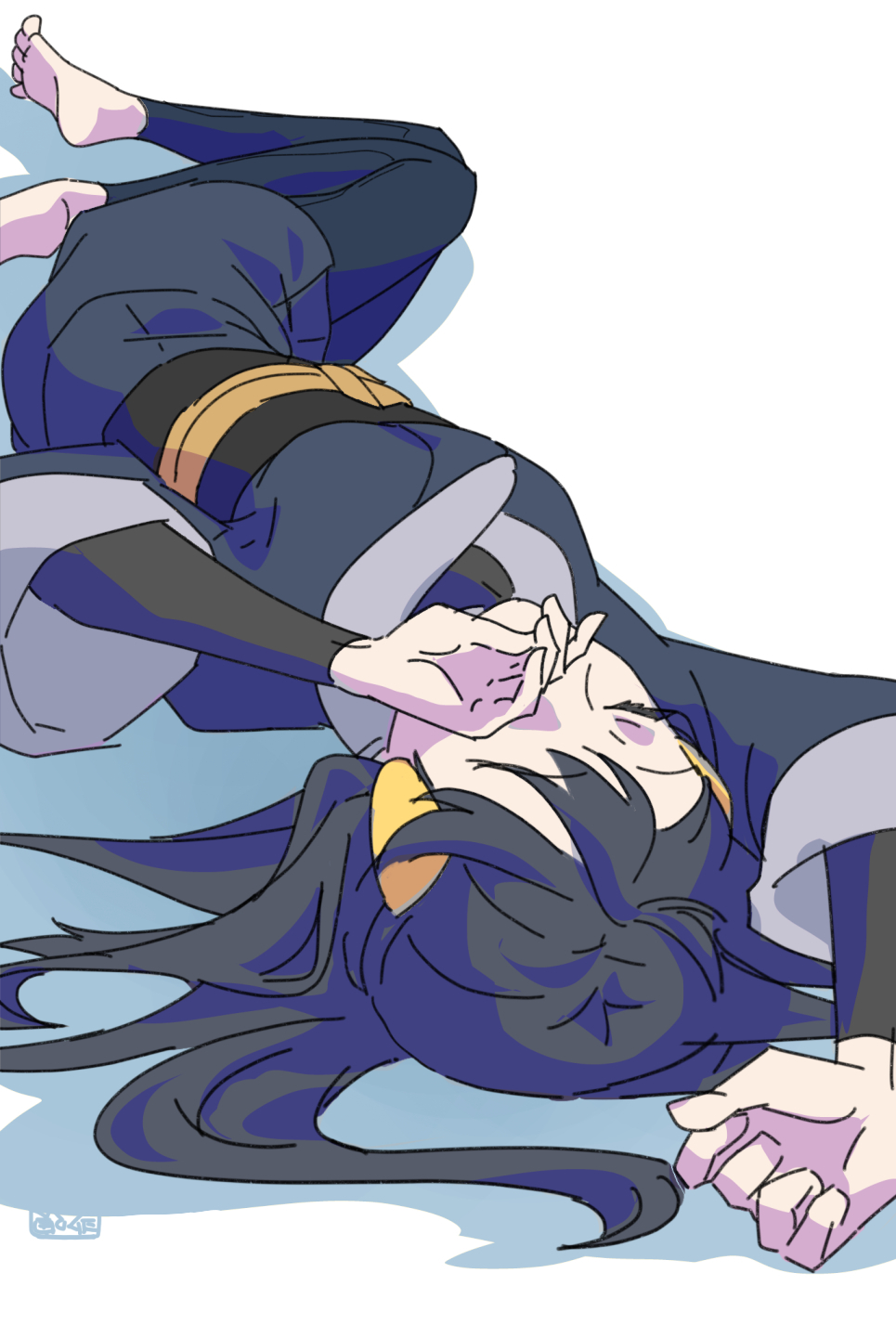 1girl, akari_(pokemon), arm_up, barefoot, black_hair, black_leggings, black_sash, closed_eyes