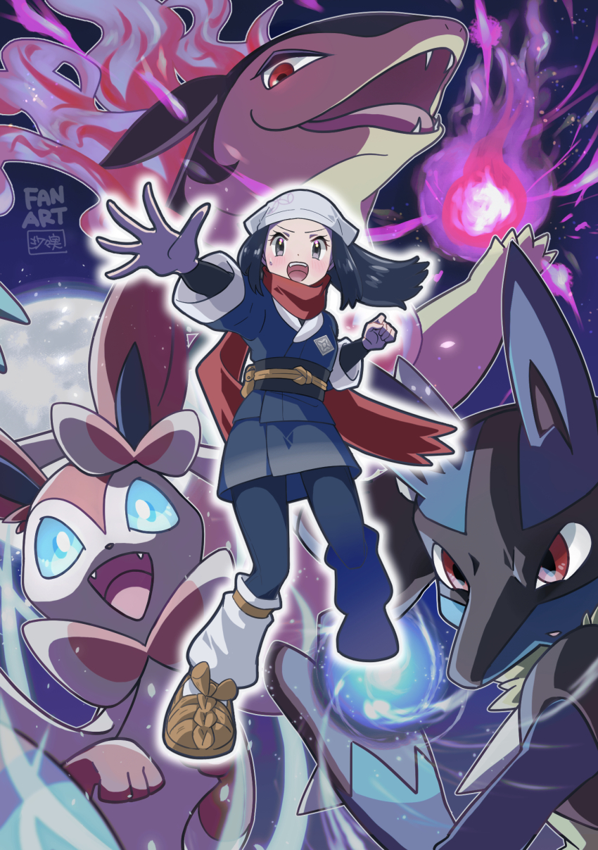 1girl, akari_(pokemon), black_sash, black_shirt, brown_shoes, clenched_hand, commentary_request, energy_ball