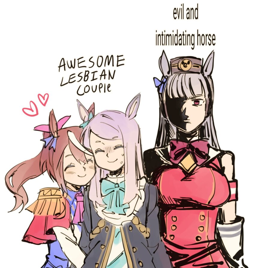 3girls, ^_^, animal_ears, arm_hug, armband, ascot, awesome_lesbian_couple_(meme), black_jacket, blue_shirt, bow, bowtie, breasts, brown_hair, closed_eyes, closed_mouth, commentary, couple, dress, ear_ribbon, english_commentary, epaulettes, gold_ship_(red_strife)_(umamusume), gold_ship_(umamusume), green_eyes, grey_hair, height_difference, highres, horse_ears, horse_girl, jacket, large_breasts, malan, mejiro_mcqueen_(frontline_elegance)_(umamusume), mejiro_mcqueen_(umamusume), meme, multicolored_hair, multiple_girls, nervous_sweating, open_clothes, open_jacket, partially_shaded_face, pillbox_hat, pink_ascot, pink_ribbon, red_armband, red_bow, red_bowtie, red_dress, red_eyes, ribbon, shirt, simple_background, sleeveless, sleeveless_dress, smile, sweat, swept_bangs, tokai_teio_(peak_joy)_(umamusume), tokai_teio_(umamusume), umamusume, white_background, white_hair, white_shirt, yuri