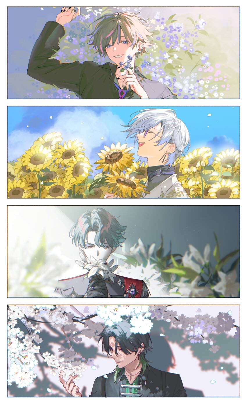 4boys, :d, absurdres, arm_up, black_gloves, black_hair, black_nails, black_shirt