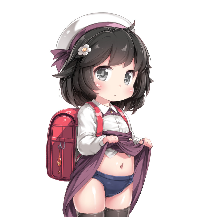 1girl, backpack, bag, black_eyes, black_hair, black_thighhighs, blue_panties, blush, closed_mouth, clothes_lift, commentary, crime_prevention_buzzer, cropped_legs, flat_chest, flower, hair_flower, hair_ornament, hat, highres, lifting_own_clothes, loli, long_sleeves, looking_at_viewer, navel, original, panties, purple_skirt, randoseru, red_bag, shirt, short_hair, simple_background, skirt, skirt_lift, solo, tamase_tama, thighhighs, underwear, white_background, white_hat, white_shirt
