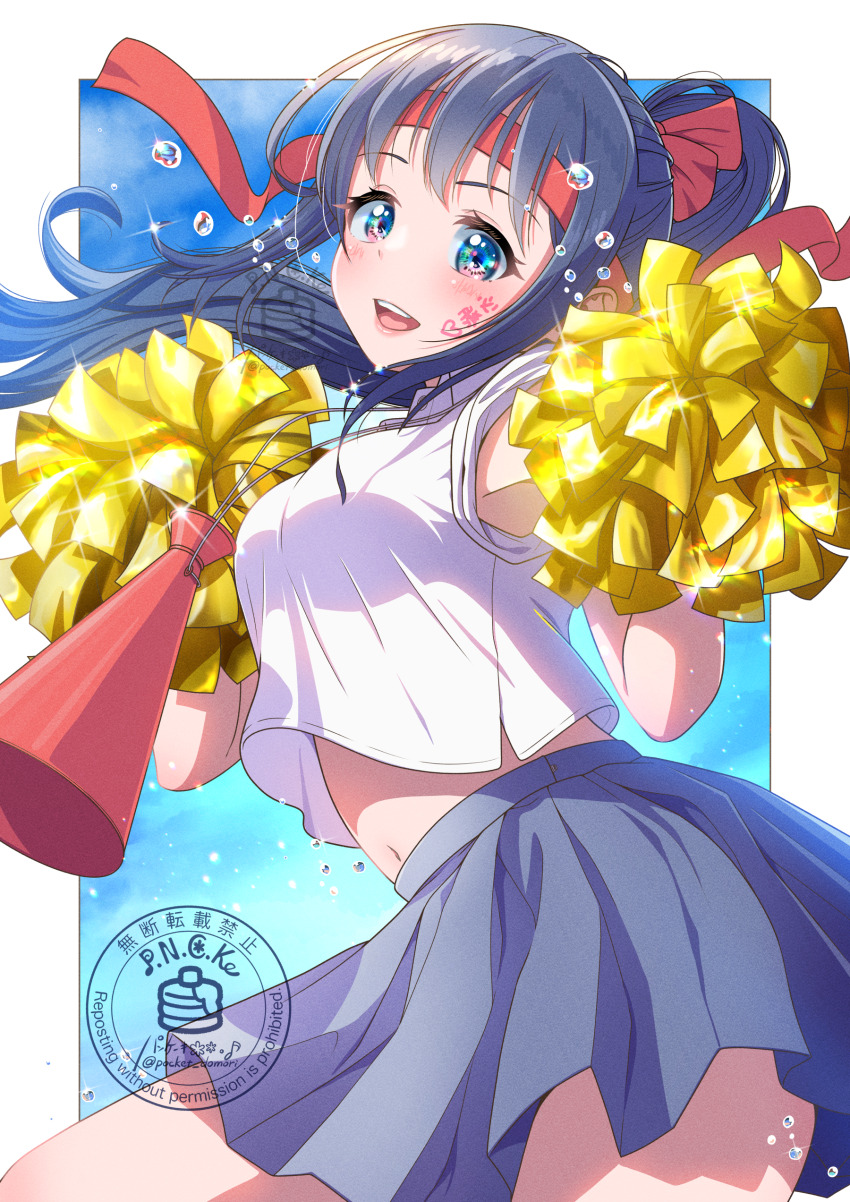 1girl, absurdres, artist_logo, black_hair, blue_eyes, blue_sky, blush, border, breasts, cheering, cheerleader, collared_shirt, commentary_request, cowboy_shot, crop_top, cropped_shirt, day, eyelashes, facial_tattoo, floating_hair, grey_skirt, headband, highres, holding, holding_pom_poms, logo, long_hair, looking_at_viewer, medium_breasts, megaphone, megaphone_necklace, midriff, miniskirt, navel, open_mouth, original, outdoors, outside_border, pancake_(pocket_domori), pleated_skirt, pom_pom_(cheerleading), pom_poms, ponytail, red_headband, school_uniform, shirt, short_sleeves, skirt, sky, smile, solo, tattoo, teeth, tongue, upper_teeth_only, water_drop, watermark, white_border, white_shirt, wispy_bangs