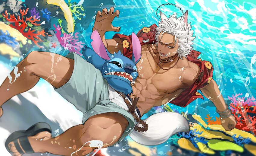 2boys, abs, alien, animal_ears, belt, black_nails, bracelet, bubble, clenched_hand, commentary_request, coral, dark-skinned_male, dark_skin, floral_print, green_shorts, hawaiian_shirt, jack_howl, jack_howl_(tropical_wear), jewelry, jip, lilo_&amp;_stitch, male_focus, multiple_boys, muscular, muscular_male, nail_polish, necklace, one_eye_closed, pectorals, red_shirt, sandals, shirt, shorts, stitch_(lilo_&amp;_stitch), tail, toenail_polish, toenails, twisted_wonderland, underwater, wolf_boy, wolf_ears, wolf_tail, yellow_eyes