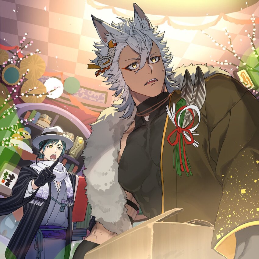 2boys, animal_ears, backlighting, black_gloves, black_hair, black_shirt, blue_hair, bookshelf, box, brown_eyes, commentary_request, cowboy_shot, dark-skinned_male, dark_skin, floyd_leech, floyd_leech_(new_year's_attire), gloves, grey_hair, haori, heterochromia, highres, holding, holding_box, indoors, jack_howl, jack_howl_(new_year's_attire), japanese_clothes, jip, kimono, male_focus, multicolored_hair, multiple_boys, open_mouth, pectorals, pointing, scarf, sharp_teeth, shirt, shouting, sleeveless, sleeveless_shirt, streaked_hair, teeth, twisted_wonderland, upper_body, white_scarf, wolf_ears, yellow_eyes, yukata