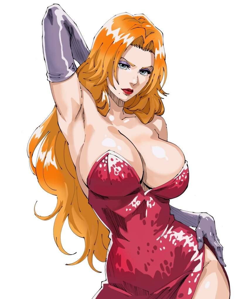 1girl, alternate_hair_color, arm_behind_head, armpit_crease, armpits, bad_id, bad_twitter_id, bare_shoulders, bleach, blue_eyes, breasts, cleavage, collarbone, cosplay, dress, elbow_gloves, eyeshadow, female_focus, gloves, hand_on_own_hip, highres, huge_breasts, jessica_rabbit, jessica_rabbit_(cosplay), large_breasts, long_hair, looking_at_viewer, lorna12155671, makeup, matsumoto_rangiku, mole, mole_under_mouth, orange_hair, red_dress, red_lips, simple_background, strapless, strapless_dress, white_background, who_framed_roger_rabbit