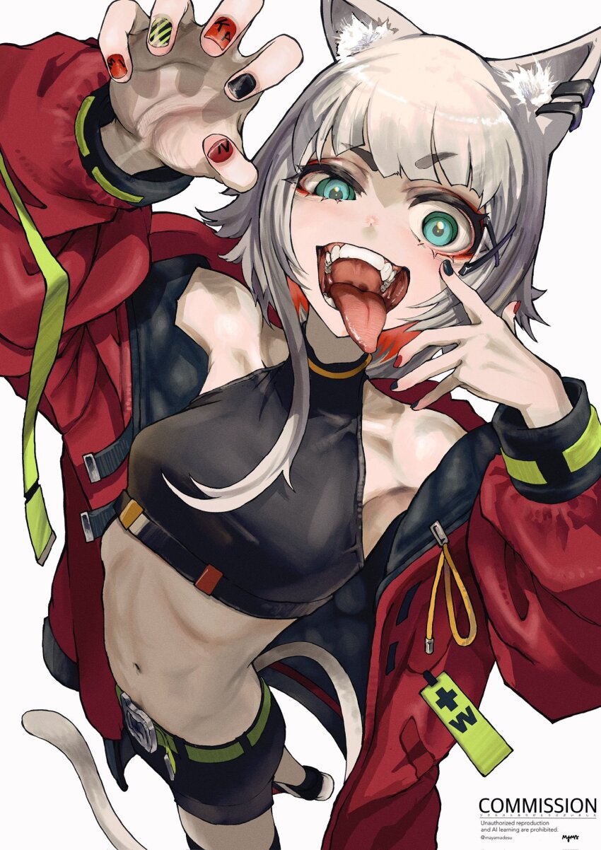 1girl, animal_ears, cat_ears, fangs, highres, long_tongue, mayamadesu, midriff