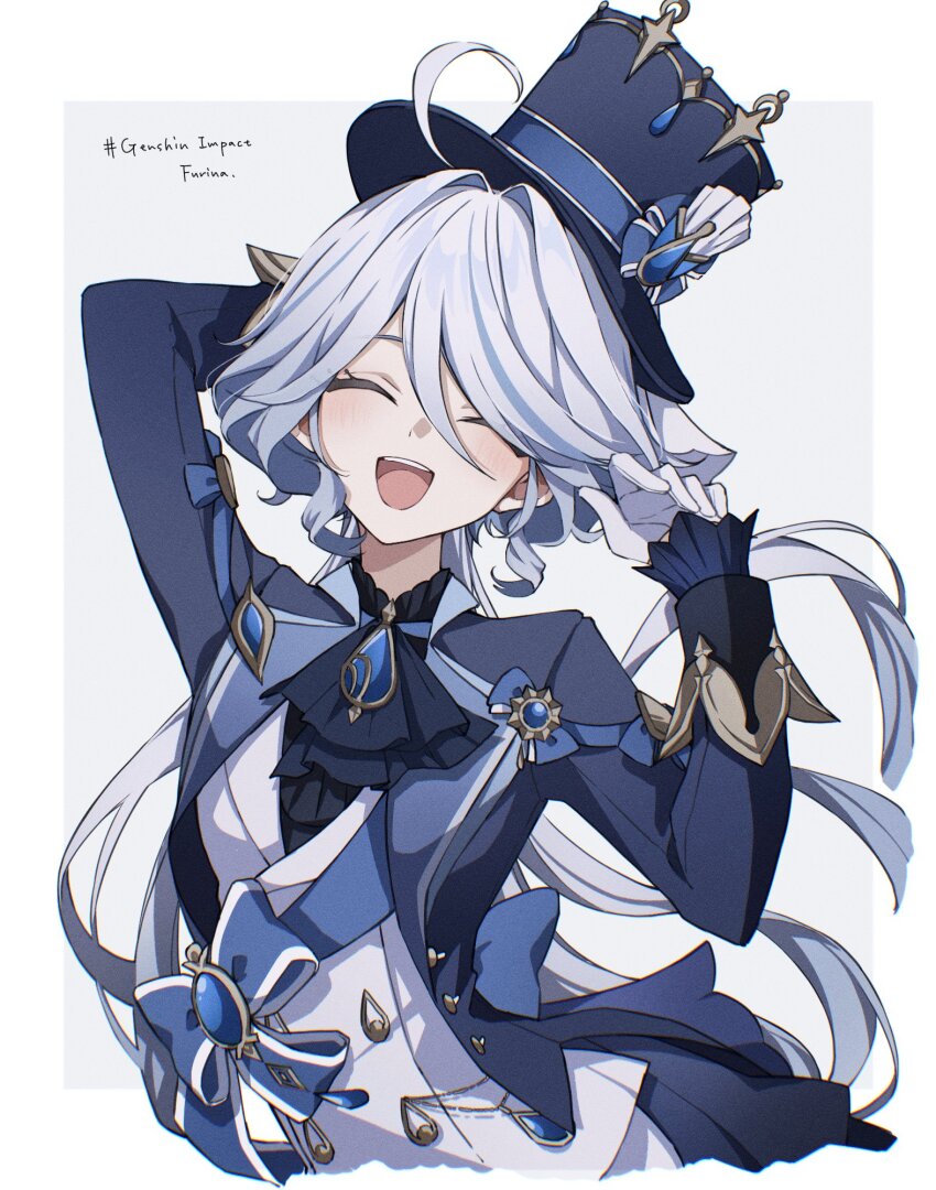 1girl, ahoge, ascot, black_ascot, blue_coat, blue_hair, blue_sash, brooch