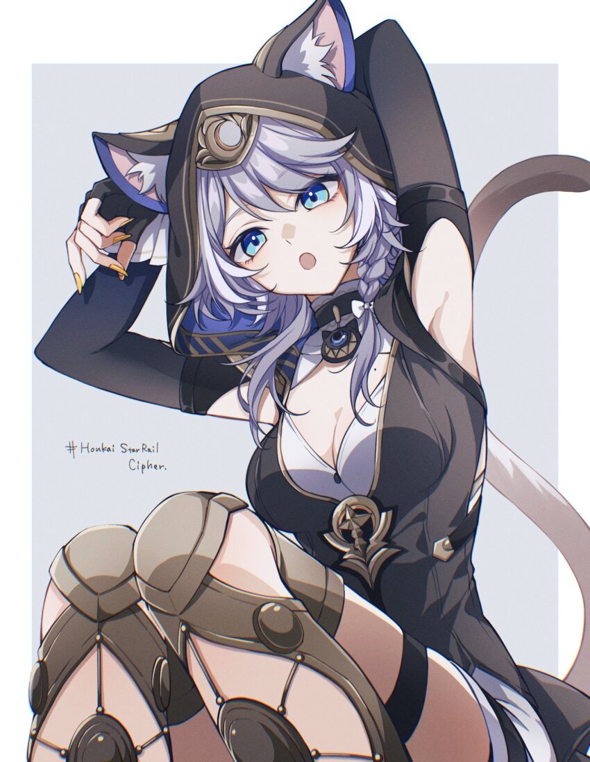 1girl, :o, animal_ear_fluff, animal_ears, animal_hood, armpits, arms_behind_head, black_hood, black_leotard, blue_eyes, boots, breasts, cat_ears, cat_hood, cat_tail, cipher_(honkai:_star_rail), cleavage, commentary_request, detached_sleeves, gold_boots, grey_background, grey_hair, highres, honkai:_star_rail, honkai_(series), hood, hood_up, hooded_leotard, leotard, looking_at_viewer, medium_breasts, open_mouth, short_hair, simple_background, solo, tail, white_background, yanagida_shiina