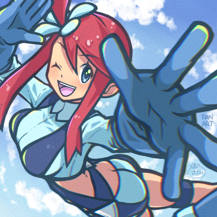 1girl, ;d, absurdres, ass, blue_boots, blue_eyes, blue_gloves, blue_jacket