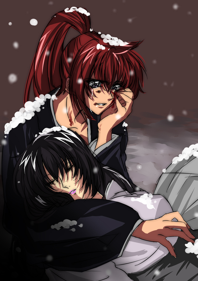 1boy, 1girl, black_hair, closed_eyes, himura_kenshin, japanese_clothes, kimono, long_hair, lying, mui_(purasuress), ponytail, purple_eyes, red_hair, rurouni_kenshin, snow, tears, yukishiro_tomoe