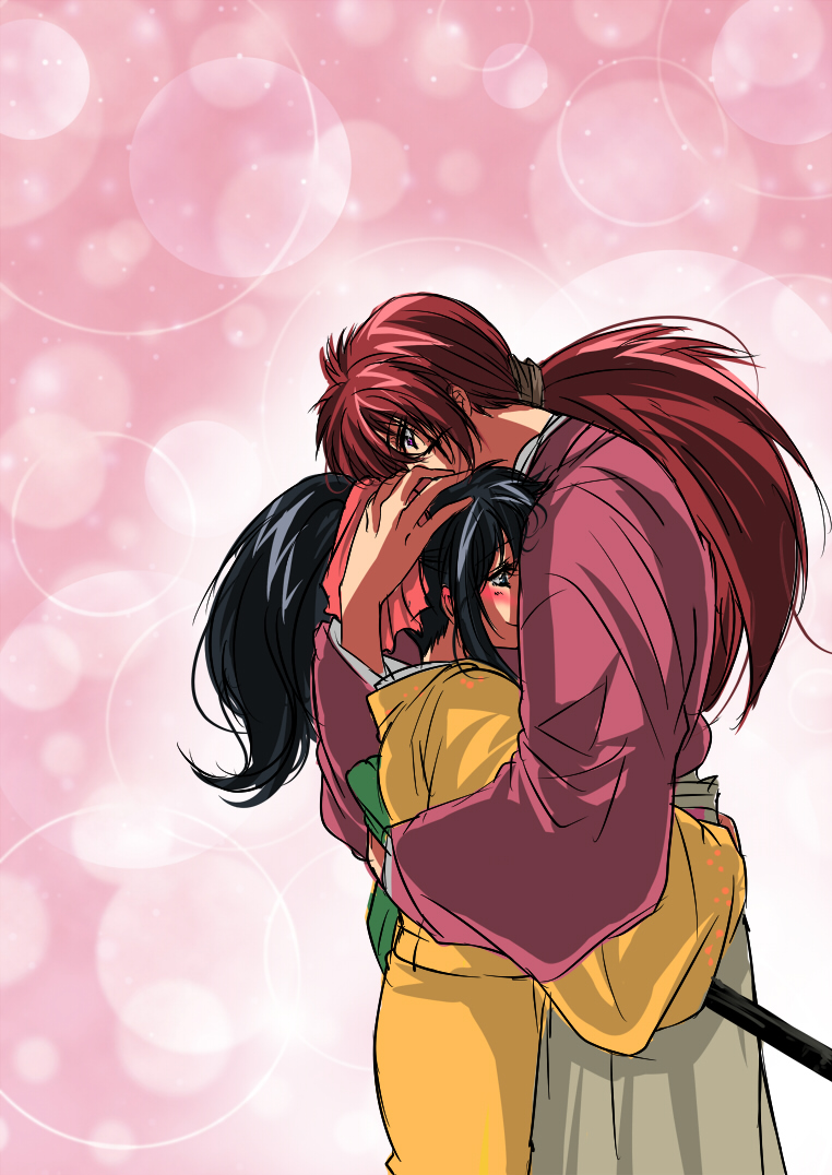 1boy, 1girl, black_hair, blush, happy, hetero, himura_kenshin, hug, japanese_clothes, kamiya_kaoru, kimono, long_hair, mui_(purasuress), ponytail, purple_eyes, red_hair, rurouni_kenshin, scar, sheath