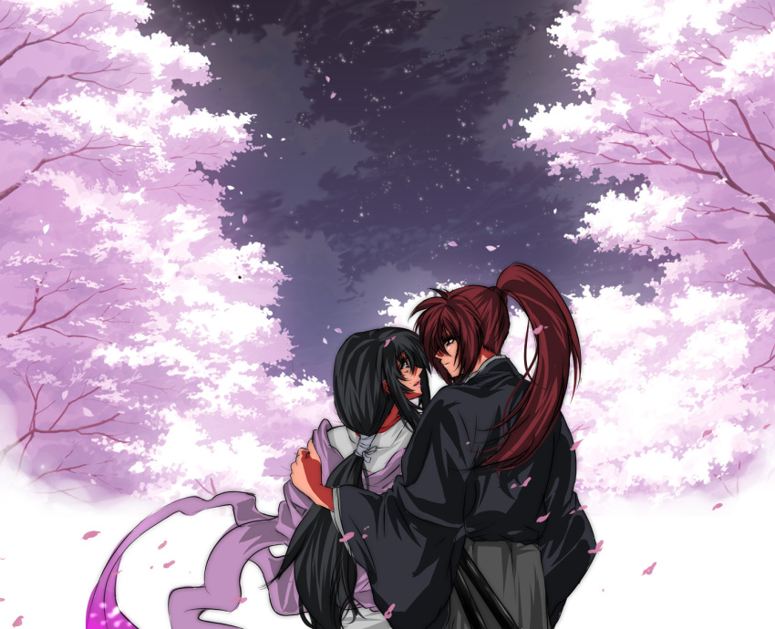 1boy, 1girl, black_hair, himura_kenshin, japanese_clothes, kimono, long_hair, mui_(purasuress), night, ponytail, red_hair, rurouni_kenshin, scarf, tree, yukishiro_tomoe