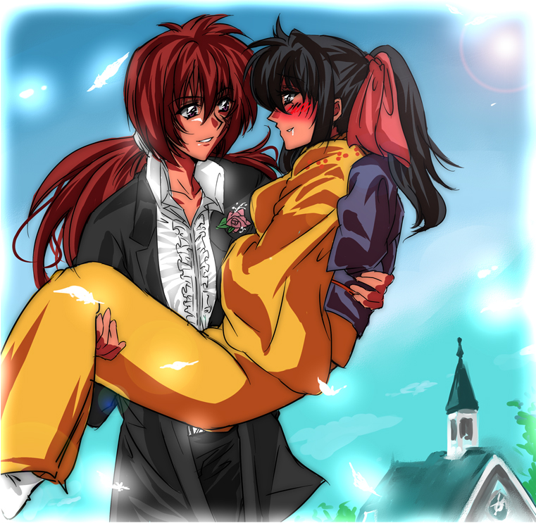 1boy, 1girl, black_hair, blush, carrying, church, dress_shirt, feathers