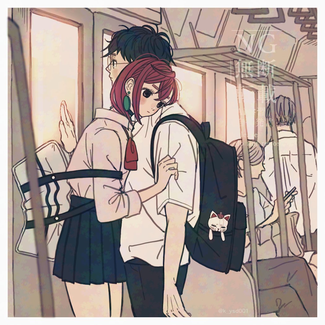 1boy, 1girl, ayase_momo, backpack, bag, black_choker, black_hair, blue_skirt, blush, bow, bowtie, brown_hair, cat, choker, closed_mouth, collared_shirt, commentary_request, cowboy_shot, dandadan, earrings, from_side, glasses, hair_between_eyes, hand_on_another's_arm, indoors, jewelry, k_ysd001, kami_high_school_uniform, leaning_on_person, loose_bowtie, miniskirt, people, pleated_skirt, profile, red_bow, red_bowtie, round_eyewear, school_uniform, shirt, short_hair, skirt, standing, takakura_ken_(dandadan), train, train_interior, turbo_granny_(dandadan), white_shirt