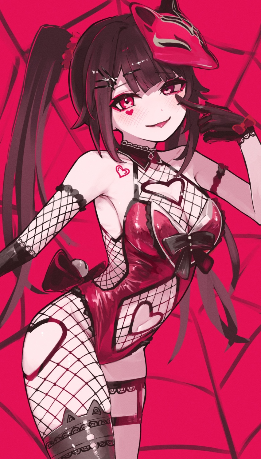 1girl, arm_strap, black_gloves, blush, breasts, brown_hair, cleavage, cleavage_cutout, clothing_cutout, facial_mark, finger_to_eye, fishnets, fox_on_head, gloves, heart, heart_cutout, heart_facial_mark, highres, honkai:_star_rail, honkai_(series), leotard, long_hair, looking_at_viewer, medium_breasts, midriff, navel, red_background, red_eyes, red_leotard, sanshoku_dango_(shukosuko), single_thighhigh, skindentation, smile, solo, sparkle_(honkai:_star_rail), spider_web_background, stomach, stomach_cutout, thigh_strap, thighhighs, tongue, tongue_out, twintails, very_long_hair