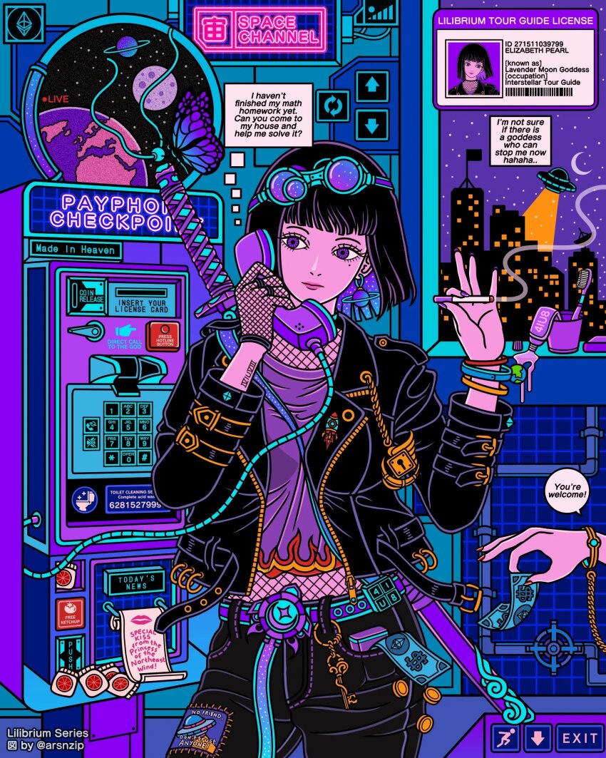 1girl, absurdres, arm_tattoo, arsnzip, artist_name, belt, black_hair, blunt_bangs, bob_cut, bracelet, bug, butterfly, candy, cigarette, city_lights, cityscape, coin, cowboy_shot, crescent_moon, driving_license, english_text, fishnet_gloves, fishnets, food, gloves, goggles, hand_up, highres, holding, holding_cigarette, holding_phone, insect, jacket, jewelry, key, long_sleeves, money, moon, nail_polish, neon_palette, night, original, pants, payphone, phone, planet, purple_eyes, short_hair, sky, solo, speech_bubble, star_(sky), sword, sword_on_back, tattoo, thought_bubble, tile_wall, tiles, toothbrush, toothpaste, ufo, weapon, weapon_on_back, wrist_tattoo